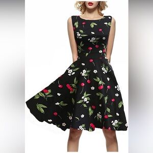Acevog cherry floral print boatneck collar tie back retro dress-runs small